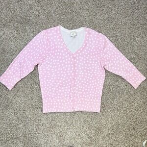 ECI New York XL Pink White Polka Dot Cardigan Sweater Cotton V-Neck 3/4 Sleeve